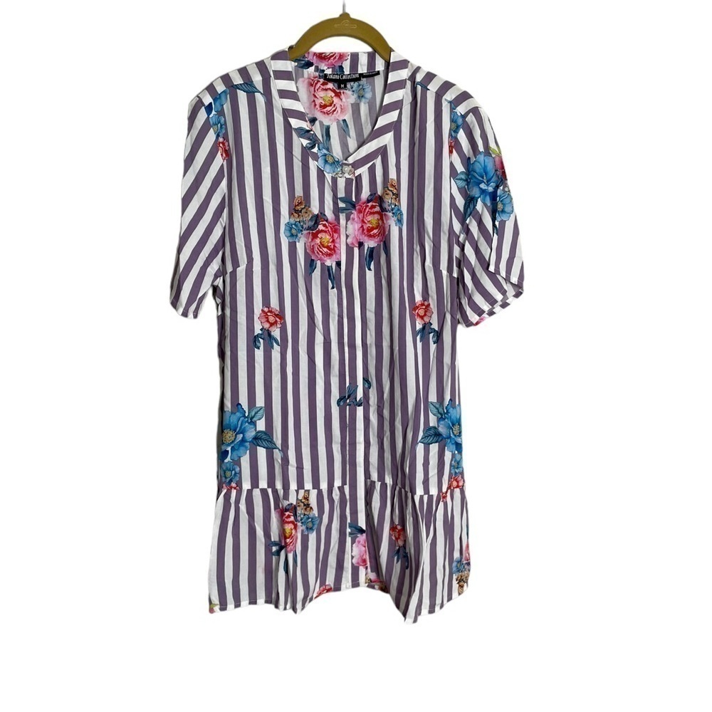 Tolani Collection Floral Purple Stripe Blouse Button Down Medium